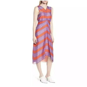 LEWIT 100% Silk Georgette Striped Size 14 Midi Dress Flowy Lightweight Resort